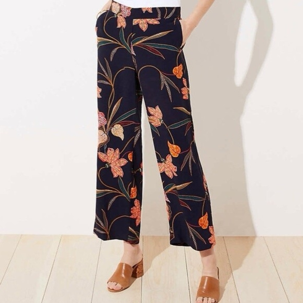 LOFT Fluid Tie-Waist Pant in Navy Floral